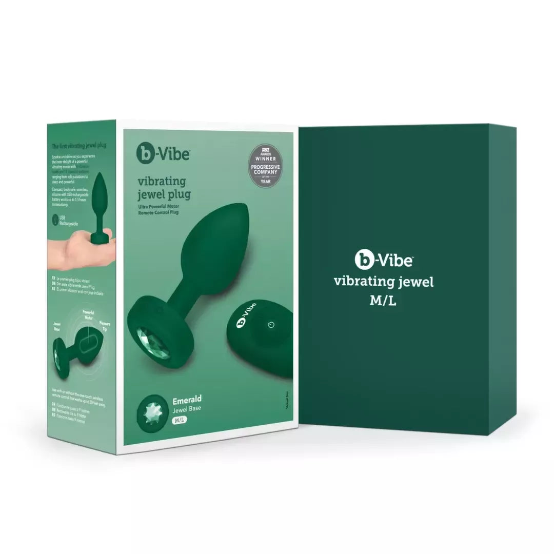 b-Vibe Vibrating Jewel Plug M/L Emerald – silikoninis, 15 režimų, įkraunamas USB