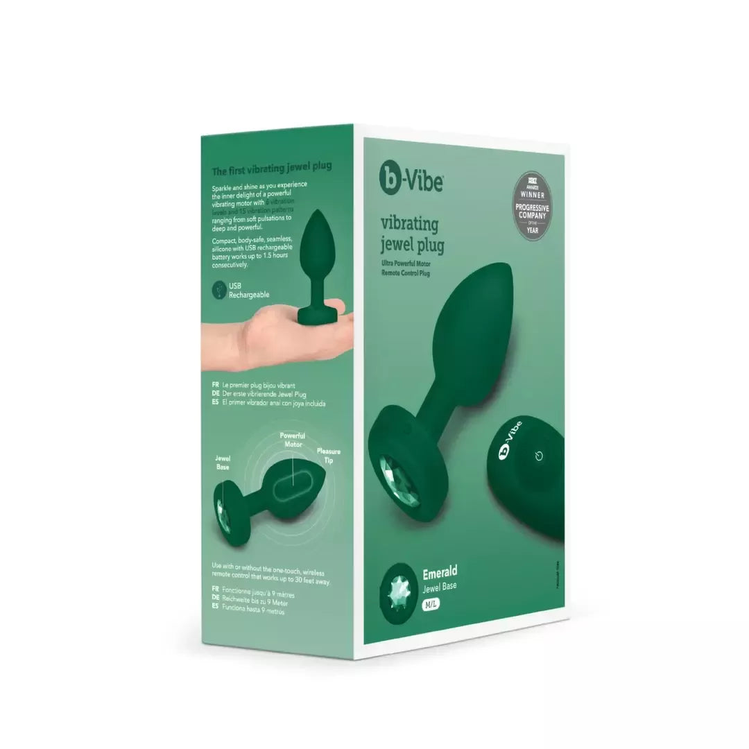 b-Vibe Vibrating Jewel Plug M/L Emerald – silikoninis, 15 režimų, įkraunamas USB