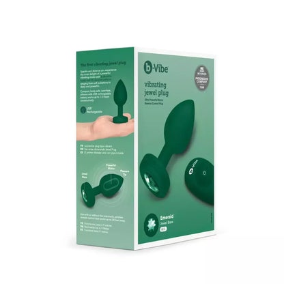 b-Vibe Vibrating Jewel Plug M/L Emerald – silikoninis, 15 režimų, įkraunamas USB