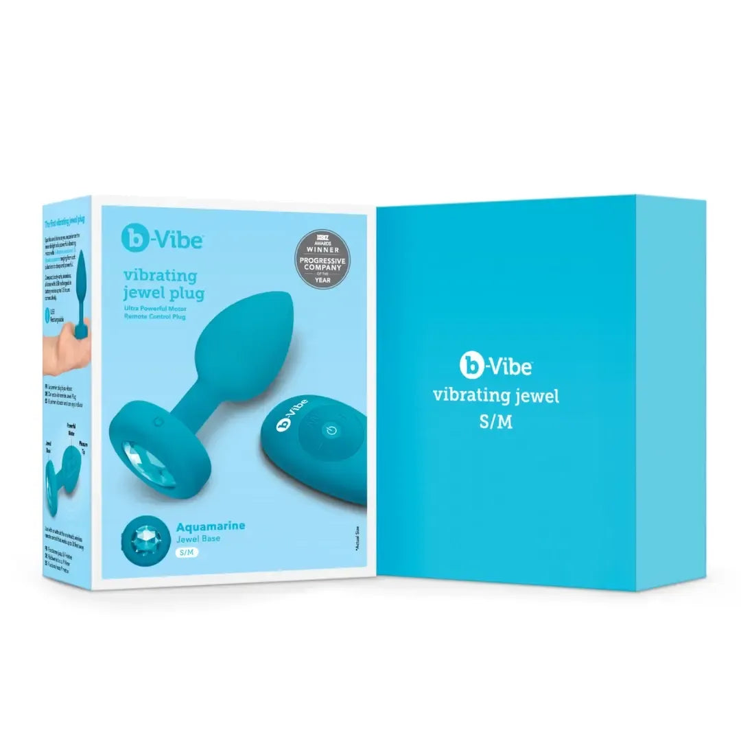 b-Vibe Vibrating Jewel Plug S/M Aquamarine – silikoninis, 15 režimų, USB