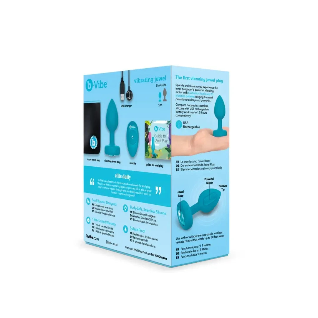 b-Vibe Vibrating Jewel Plug S/M Aquamarine – silikoninis, 15 režimų, USB