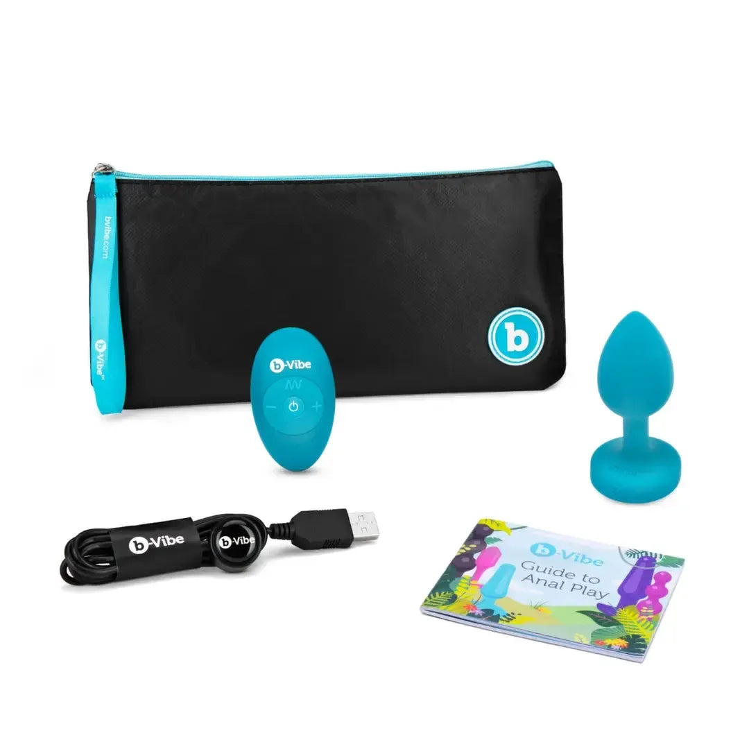 b-Vibe Vibrating Jewel Plug S/M Aquamarine – silikoninis, 15 režimų, USB