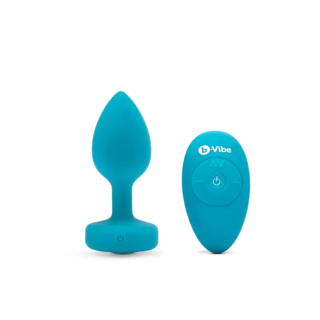 b-Vibe Vibrating Jewel Plug S/M Aquamarine – silikoninis, 15 režimų, USB
