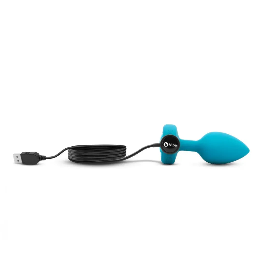b-Vibe Vibrating Jewel Plug S/M Aquamarine – silikoninis, 15 režimų, USB