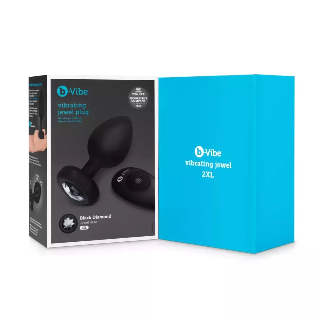 „b-Vibe“ vibruojantis brangakmeniu puoštas XXL dydžio kamštis, juodas – 15 režimų, kraunamas per USB, 12,2 cm
