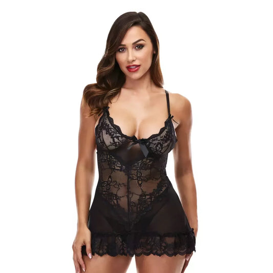 Baci Mini Lace Chemise juoda M/L – elegantiška tinklinė suknelė su styginiu apatiniu trikotažu