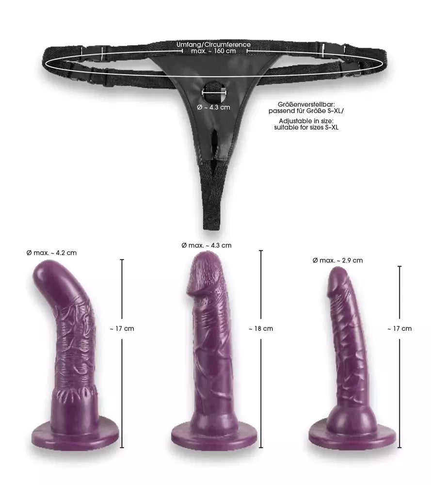 Bad Kitty reguliuojamas „Strap-On“ rinkinys, violetinis, 3 keičiami priedai