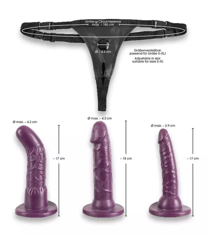 Bad Kitty reguliuojamas „Strap-On“ rinkinys, violetinis, 3 keičiami priedai