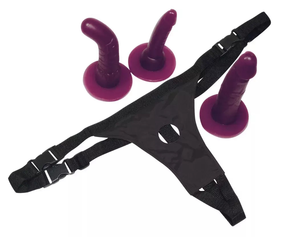 Bad Kitty reguliuojamas „Strap-On“ rinkinys, violetinis, 3 keičiami priedai