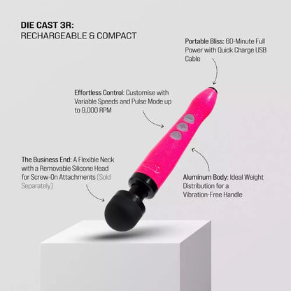 Belaidis masažo prietaisas (wand) Doxy Die Cast 3R, Hot Pink, 28 cm, įkraunamas