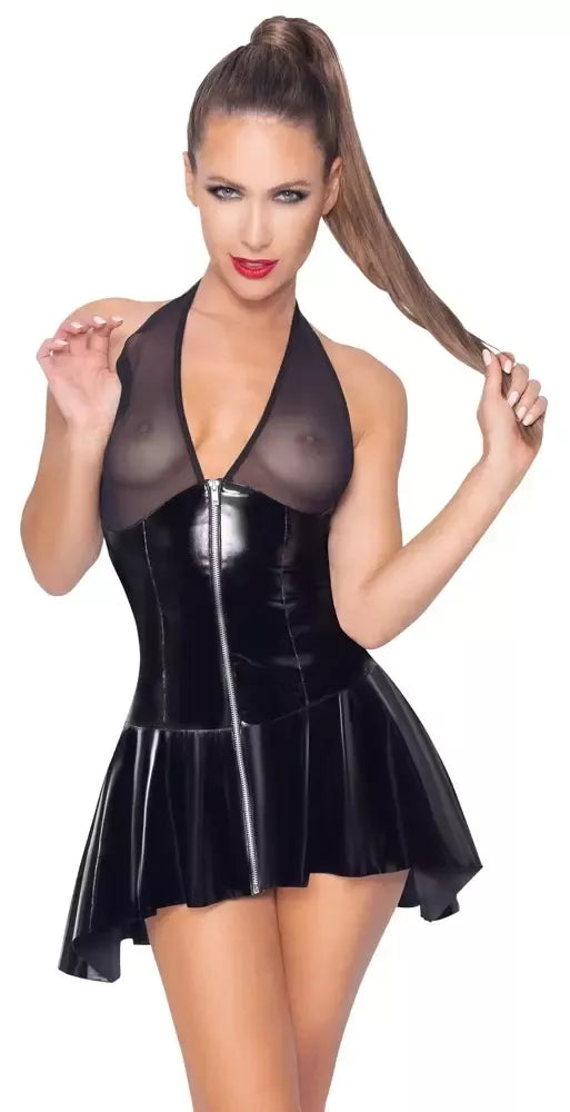 Black Level Vinyl Net suknelė L – žvilganti juoda platėjanti suknelė su „halter“ tipo iškirpte