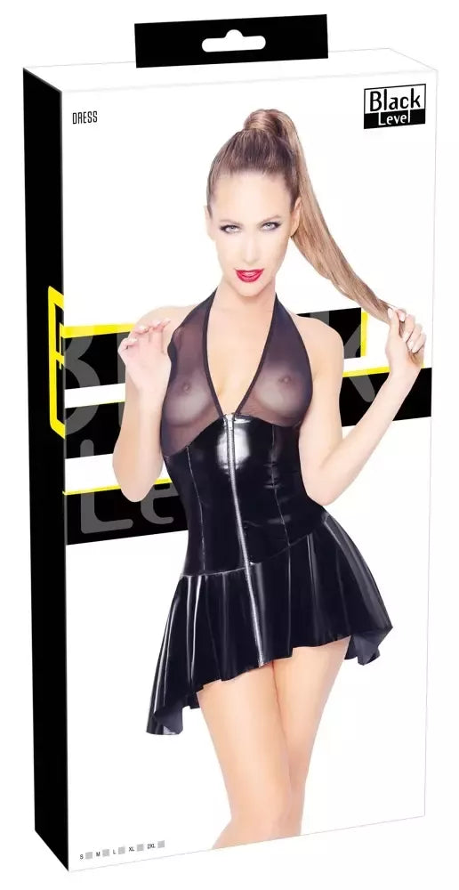 Black Level Vinyl Net suknelė L – žvilganti juoda platėjanti suknelė su „halter“ tipo iškirpte