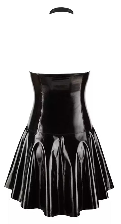 Black Level Vinyl Net suknelė L – žvilganti juoda platėjanti suknelė su „halter“ tipo iškirpte