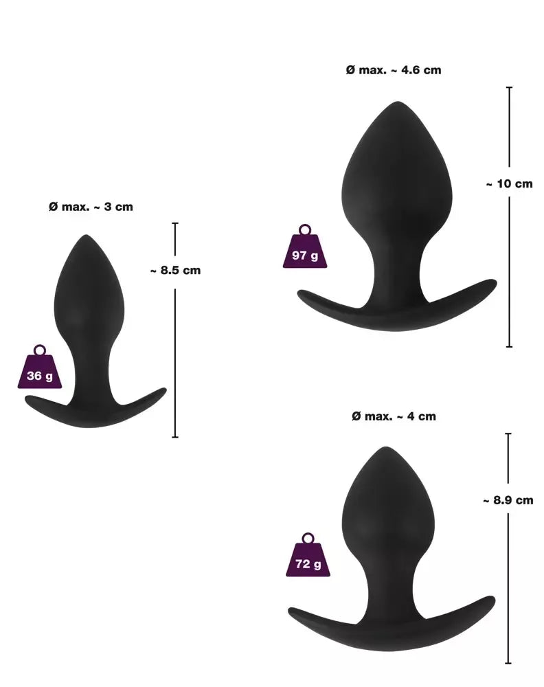 Black Velvets silikoninis treniruoklių rinkinys - 3 dydžiai, švelnus prisilietimas, juodos spalvos