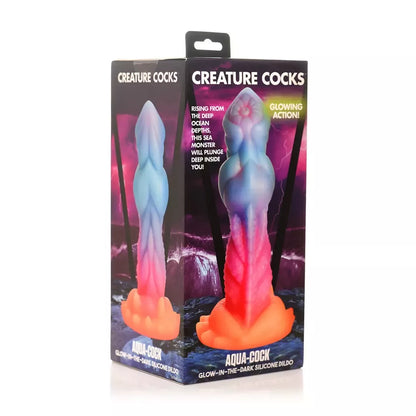 Blush Novelties Aqua Cock silikoninis modelis, tamsoje šviečiantis mėlynas, 20 cm