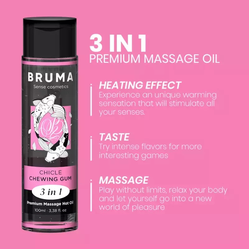 BRUMA Premium 3-in-1 masažo aliejus, kramtomosios gumos kvapo, 100 ml, veganiška formulė