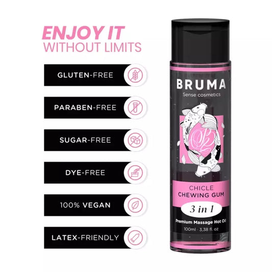 BRUMA Premium 3-in-1 masažo aliejus, kramtomosios gumos kvapo, 100 ml, veganiška formulė