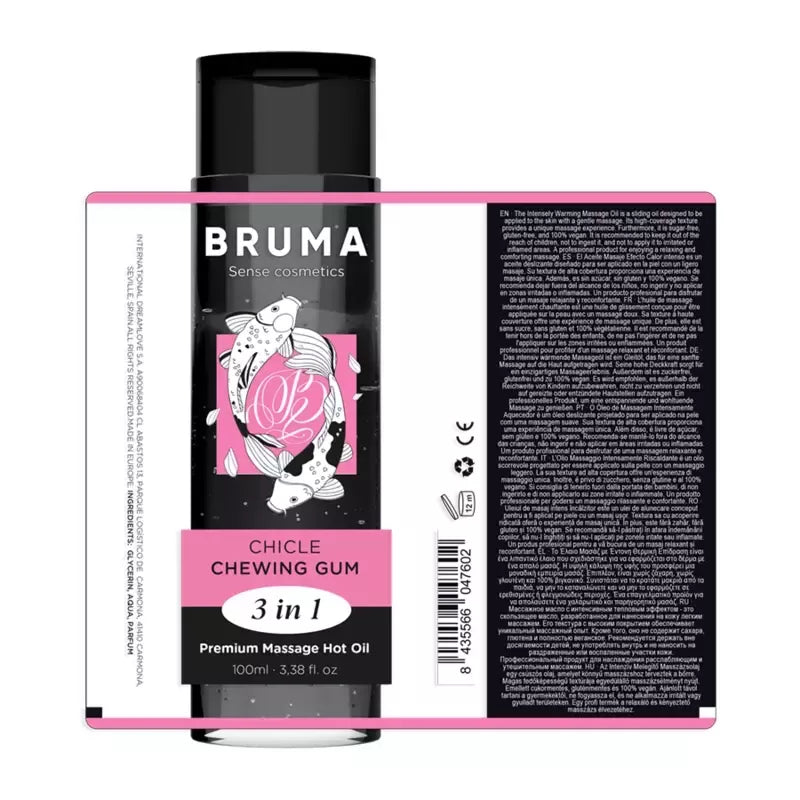 BRUMA Premium 3-in-1 masažo aliejus, kramtomosios gumos kvapo, 100 ml, veganiška formulė