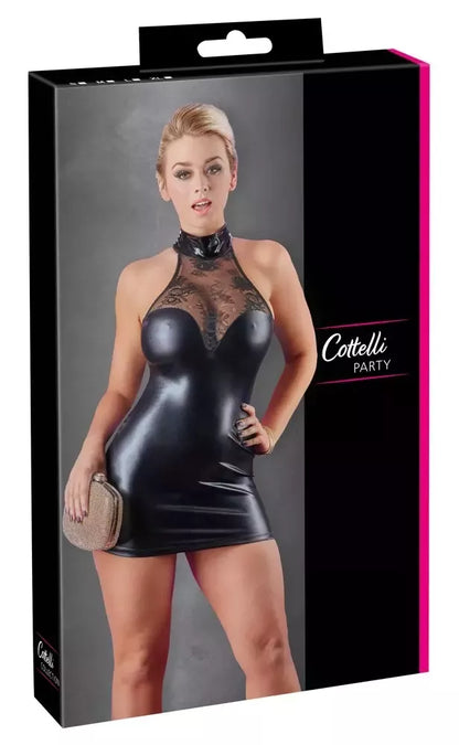 Cottelli Collection juoda nėriniuota „wet look“ stiliaus suknelė XL, aukšta apykakle