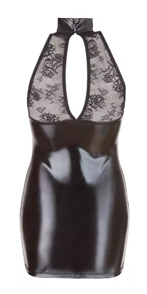 Cottelli Collection juoda nėriniuota „wet look“ stiliaus suknelė XL, aukšta apykakle