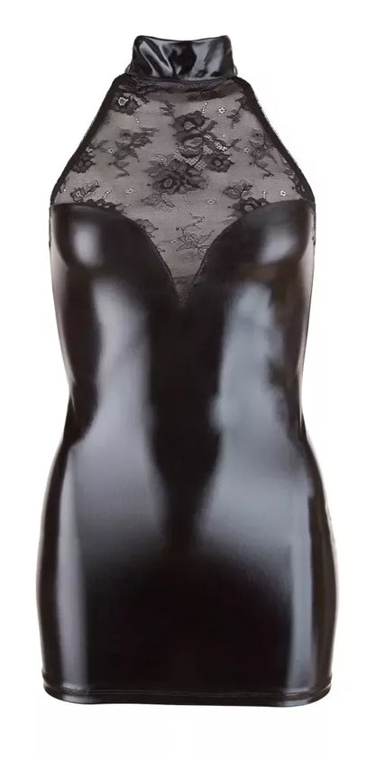 Cottelli Collection juoda nėriniuota „wet look“ stiliaus suknelė XL, aukšta apykakle