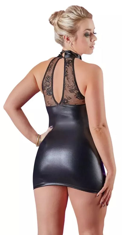 Cottelli Collection juoda nėriniuota „wet look“ stiliaus suknelė XL, aukšta apykakle