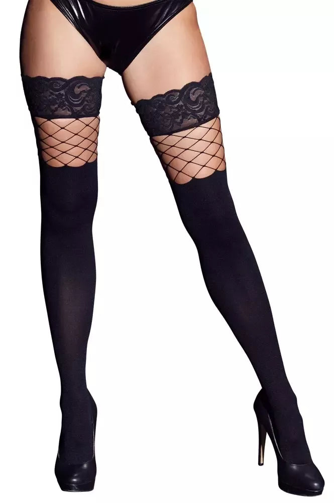 Cottelli Collection kojinės su dirželiu S/M, tinklinės ir nepermatomos, nėriniuotu viršumi