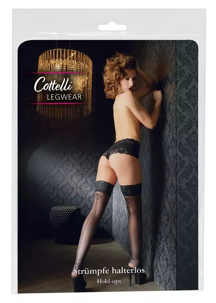 Cottelli Collection kojinės su siūle gale ir nėriniuotu viršumi, juodos