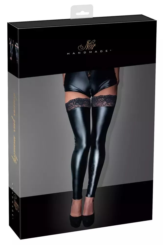 Cottelli Collection nėriniuotos „Wet Look“ kojinės XL dydžio, juodos, su silikoniniu sutvirtinimu