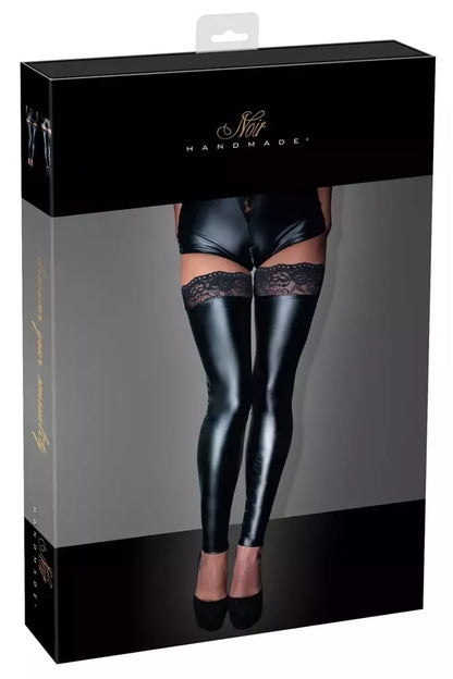 Cottelli Collection nėriniuotos „Wet Look“ kojinės XL dydžio, juodos, su silikoniniu sutvirtinimu