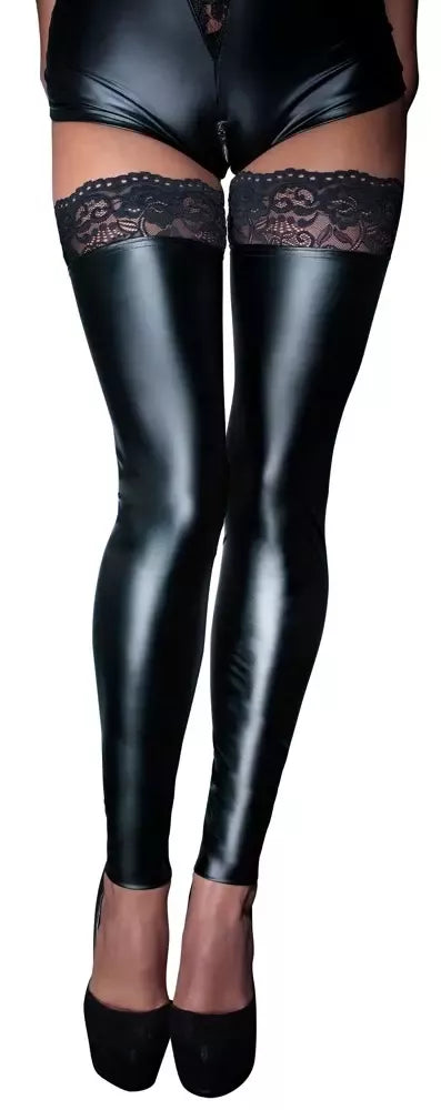 Cottelli Collection nėriniuotos „Wet Look“ kojinės XL dydžio, juodos, su silikoniniu sutvirtinimu