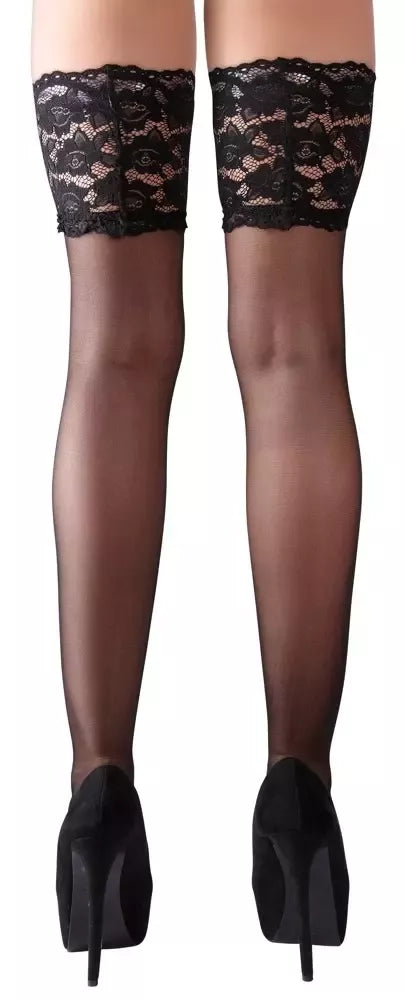 Cottelli Collection plačios nėriniuotos kojinės su silikonu, juodos, 3 dydis – elegantiškas mikropluoštas