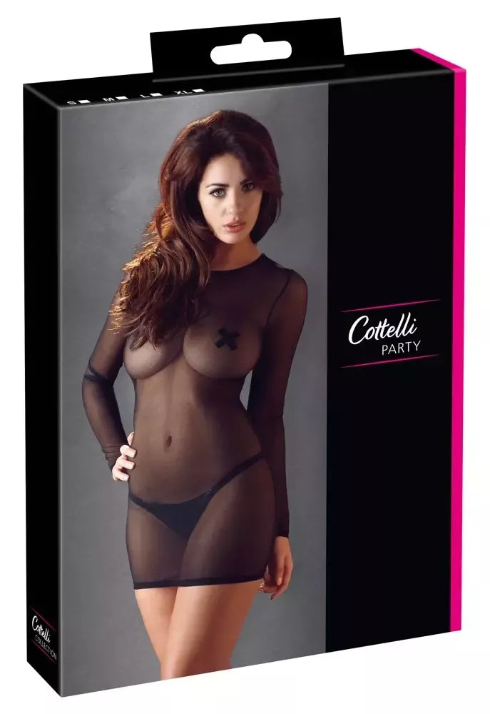 Cottelli Collection Powernet suknelė XL juoda, ilgomis rankovėmis, aptempta