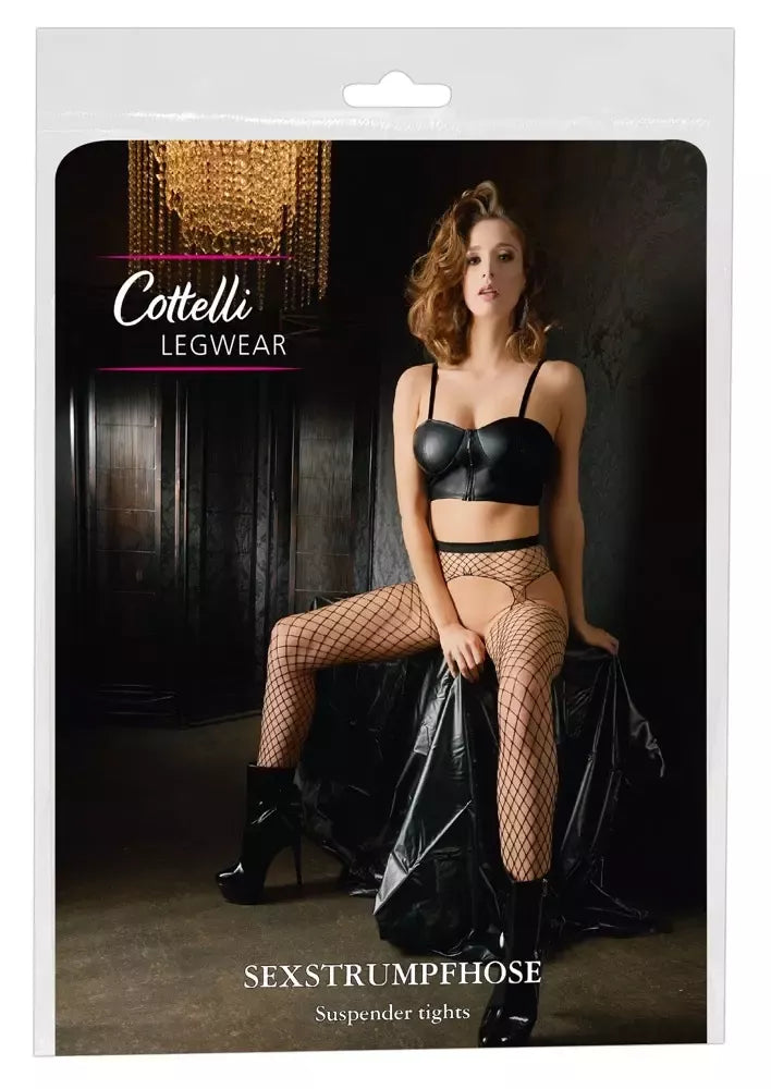 Cottelli Collection tinklelio rašto pėdkelnės su prisegamų kojinių imitacija, S-L, juodos, tamprios
