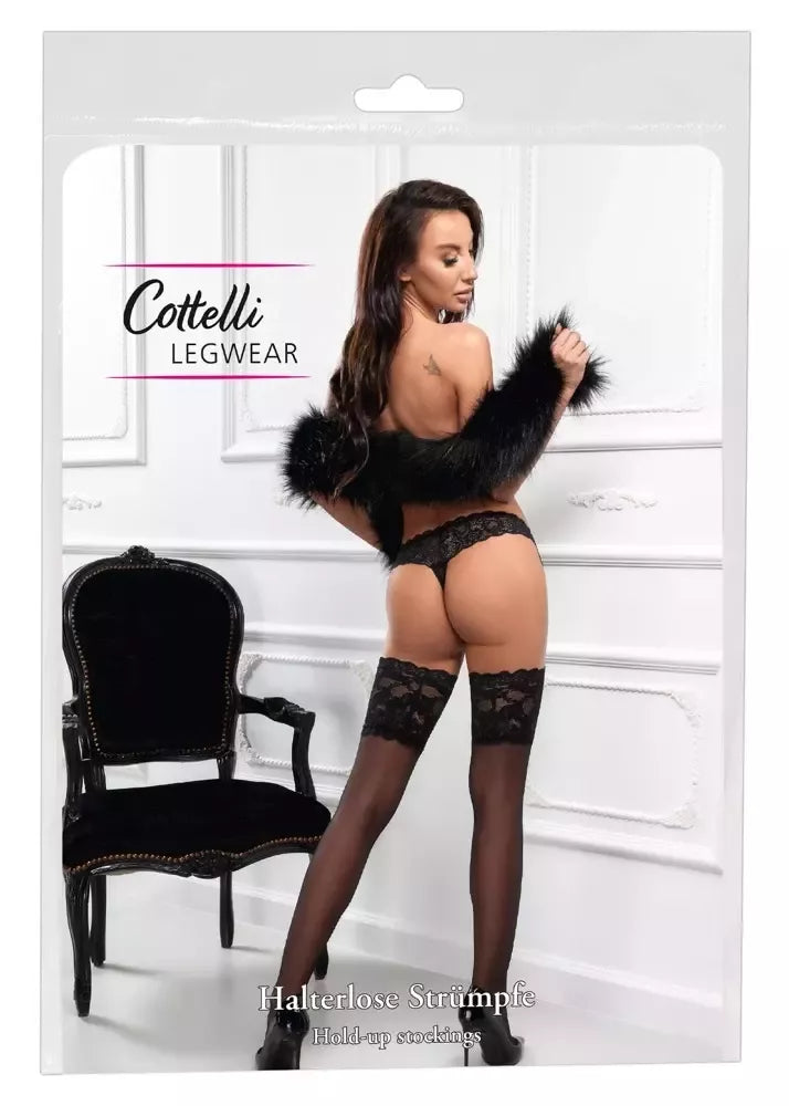 Cottelli Legwear Hold-Ups juodos kojinės su plačiais nėriniais 20 DEN su silikonine juosta