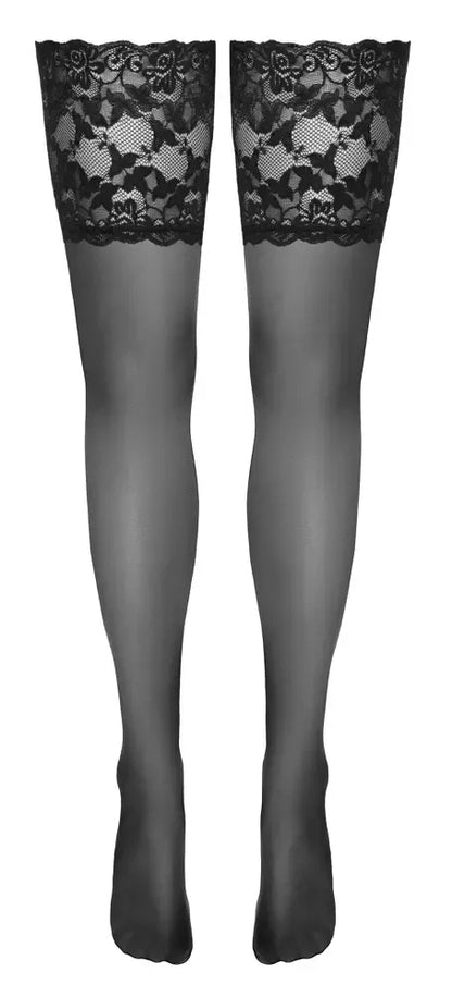 Cottelli Legwear Hold-Ups juodos kojinės su plačiais nėriniais 20 DEN su silikonine juosta