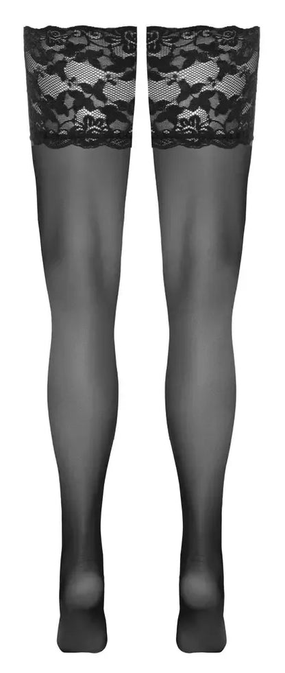 Cottelli Legwear Hold-Ups juodos kojinės su plačiais nėriniais 20 DEN su silikonine juosta