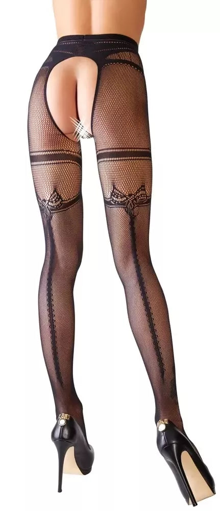 Cottelli LEGWEAR S/M tinklinės pėdkelnės su dirželių imitacija ir siūle nugaroje, juodos