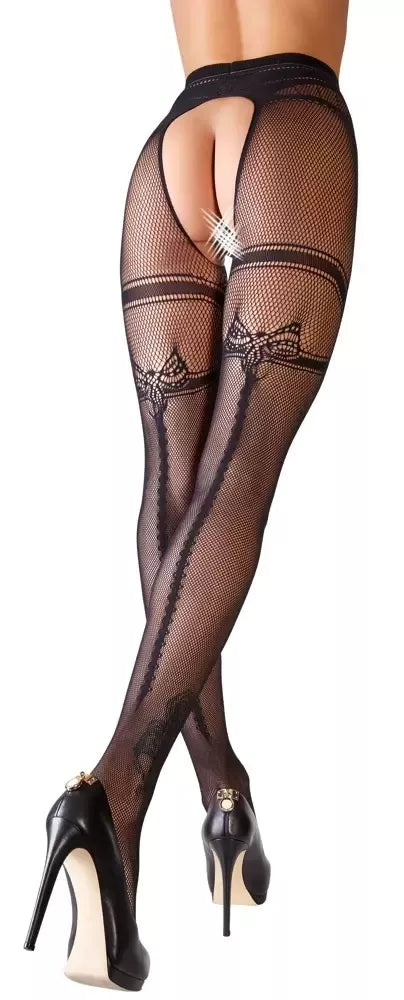 Cottelli LEGWEAR S/M tinklinės pėdkelnės su dirželių imitacija ir siūle nugaroje, juodos
