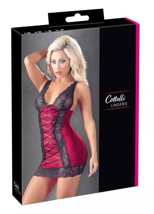 Cottelli Lingerie raudona suknelė su juodais nėriniais, M dydis, reguliuojama