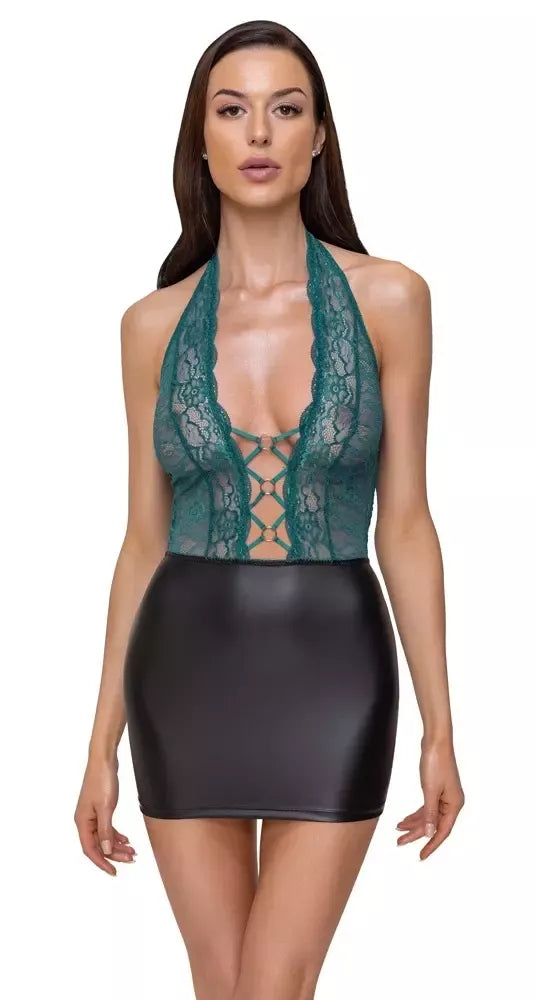 Cottelli Lingerie suknelė, modelis XL, juoda/žalsvai melsva, su nėriniais ir halterio tipo kaklo iškirpte