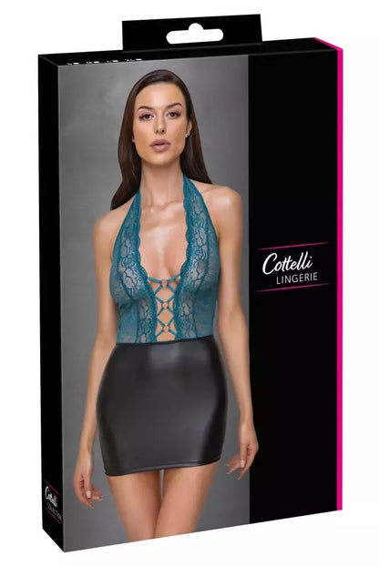 Cottelli Lingerie suknelė, modelis XL, juoda/žalsvai melsva, su nėriniais ir halterio tipo kaklo iškirpte