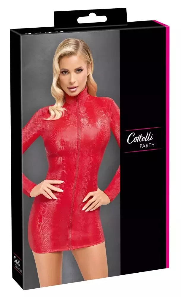 Cottelli PARTY raudona gyvatės odos efekto suknelė XL su priekiniu užtrauktuku