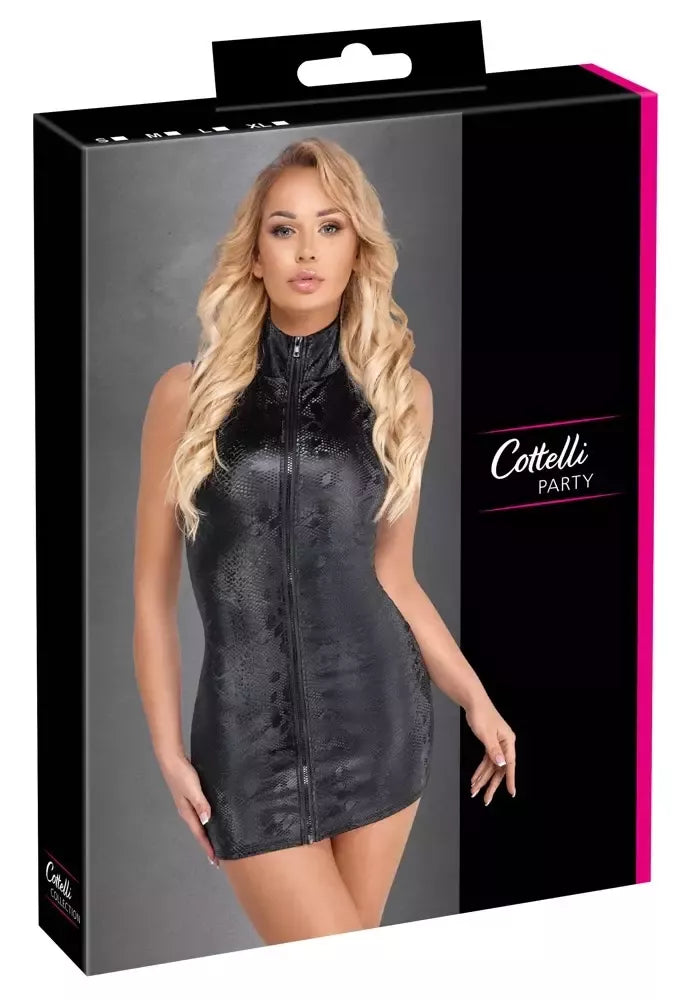 Cottelli PARTY Snake Zip Dress M – blizgi gyvatės odos imitacija, be rankovių, trumpas modelis