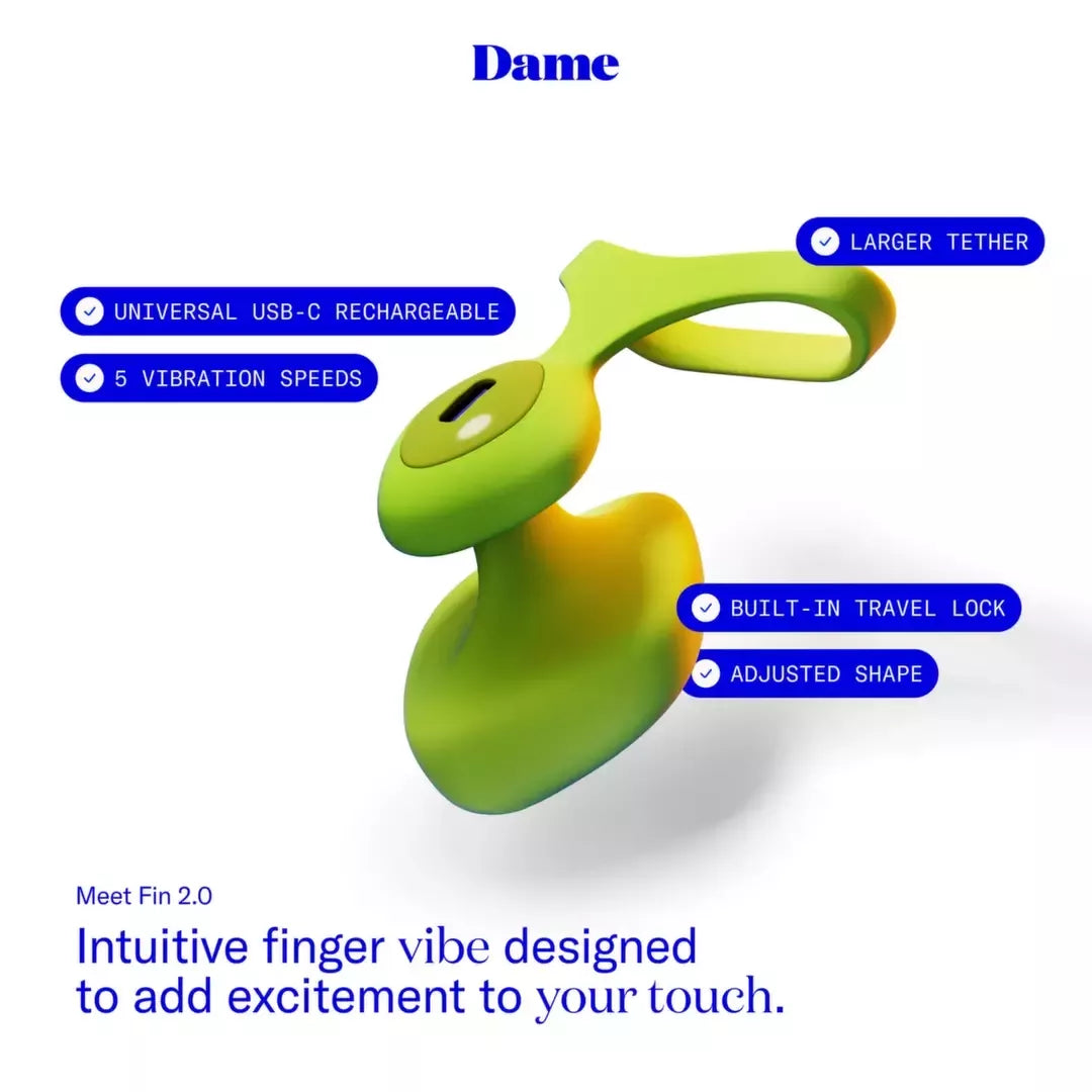 Dame Fin 2.0 Citrus – kompaktiškas intymus piršto vibratorius, atsparus vandeniui, USB-C
