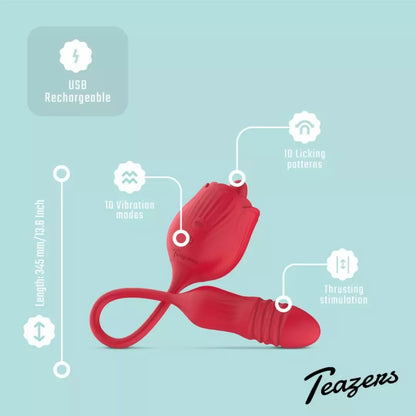 Daugiafunkcis vibratorius Teazers Rose su stūmimo ir laižymo sistema, rožinis