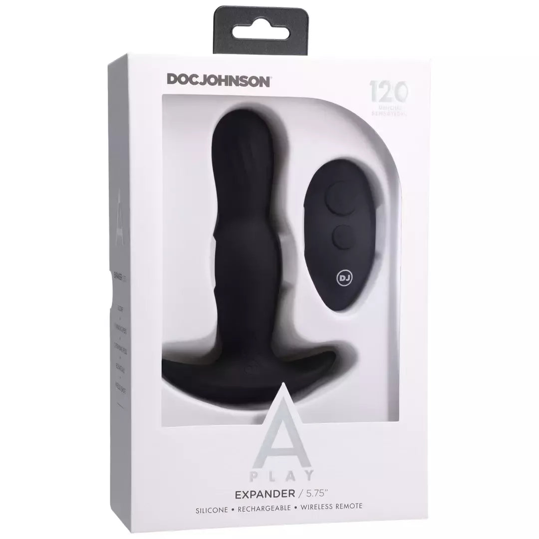 Doc Johnson A-Play Expander silikoninis kaištis su nuotolinio valdymo pulteliu, juodas