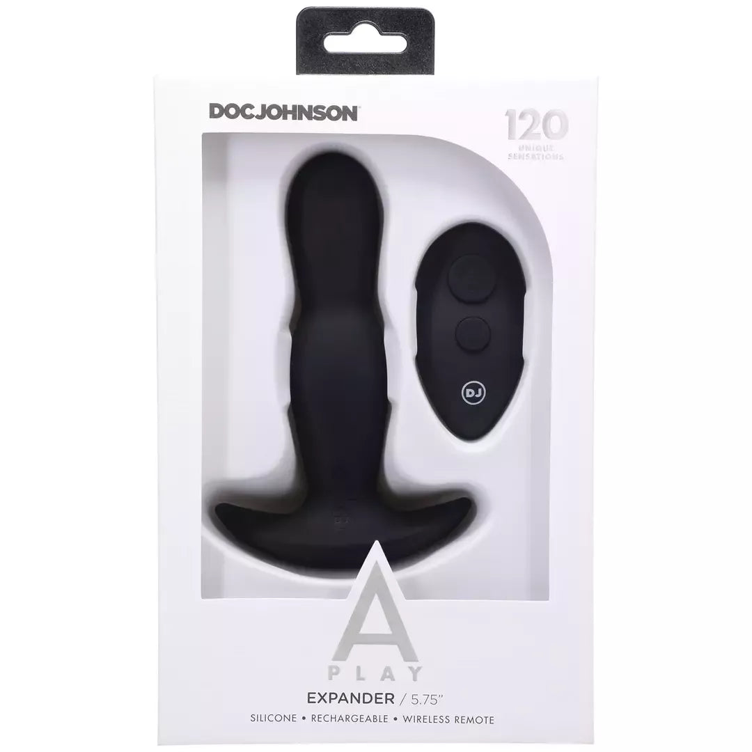 Doc Johnson A-Play Expander silikoninis kaištis su nuotolinio valdymo pulteliu, juodas