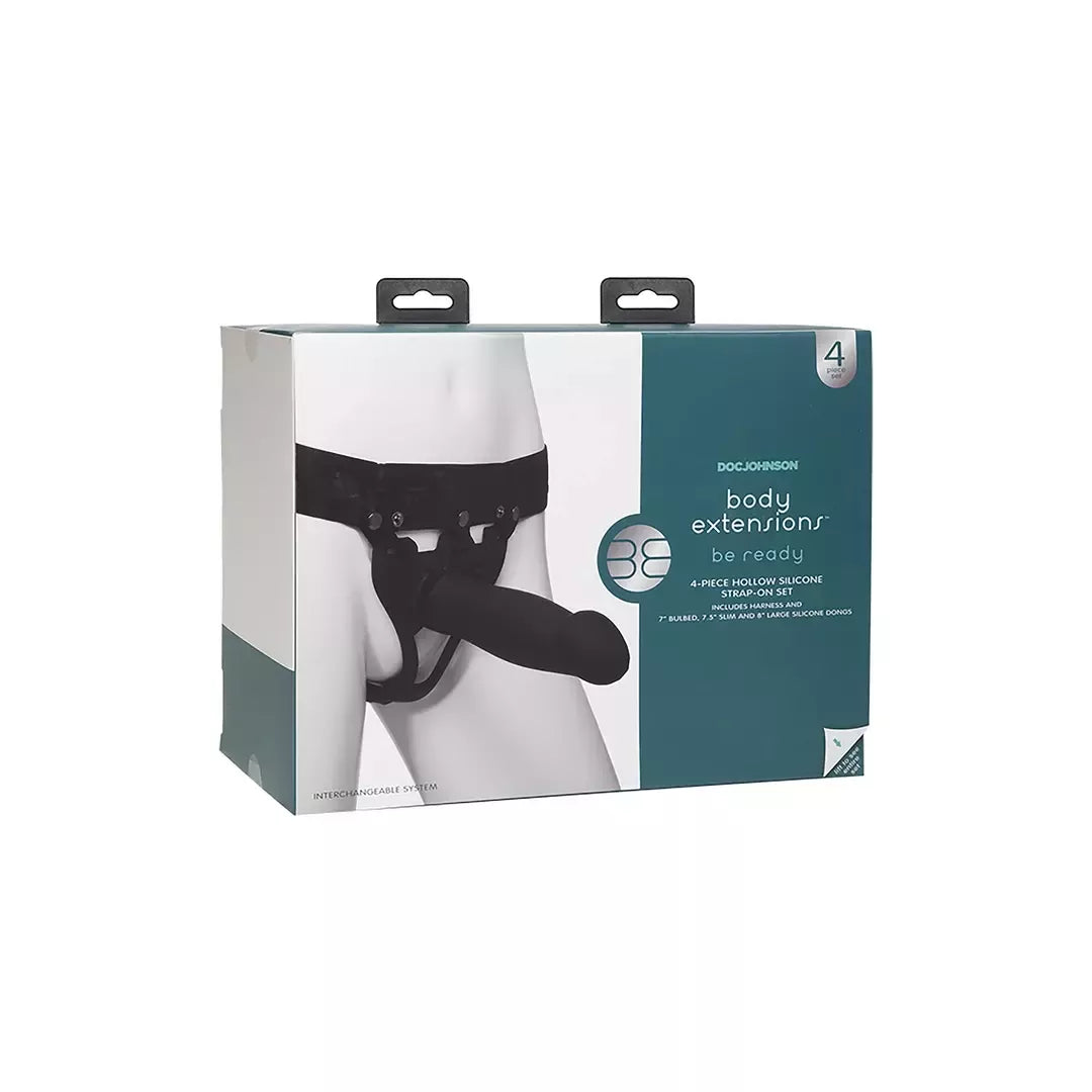 Doc Johnson Body Extensions silikoninių diržų ir vibratoriaus rinkinys, reguliuojamas, juodas