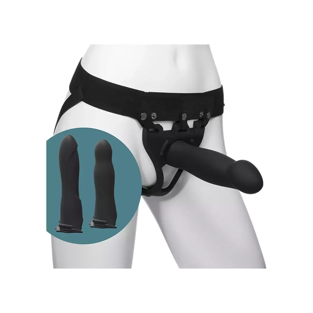 Doc Johnson Body Extensions silikoninių diržų ir vibratoriaus rinkinys, reguliuojamas, juodas